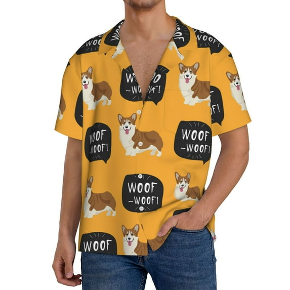 Gukieu Corgi Print Men's Short-sleeved Shirts, Button-down Pocket Shirts, T-shirts, Beach Vacation Travel Summer Clothing-4X-Large