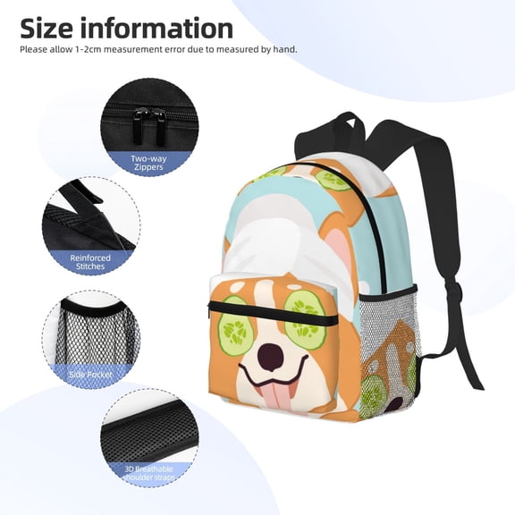 Gukieu Corgi With Towel Ans Slice Cucumber Print Backpack, Waterproof Backpack with Adjustable Shoulder Straps, Suitable for Campus, Business, Travel, Unisex
