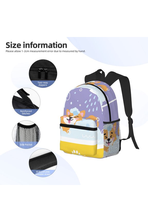 Corgi Washing in Bathtub Print Backpack, Waterproof Backpack with Adjustable Shoulder Straps, Suitable for Campus, Business, Travel, Unisex
