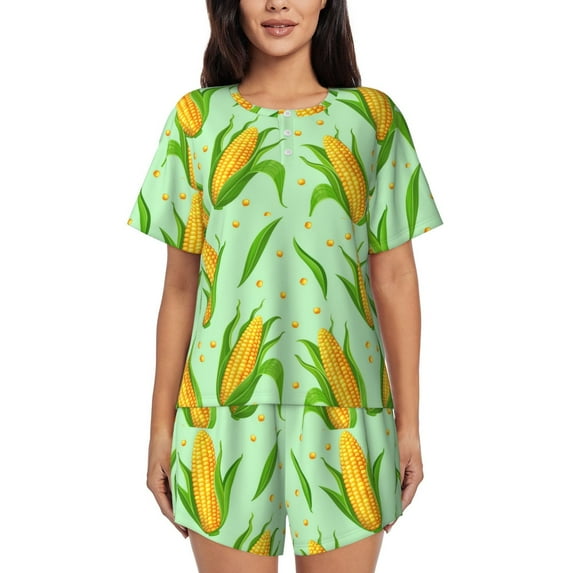Gukieu Corn 7 Print Women's Short-sleeved Pajama Set, Round Neck Button Top Elastic Shorts 2-piece Set, Summer Home Leisure Clothing-Large