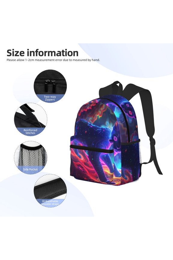 Cosmic Cat Psychedelic Journey Print Backpack, Waterproof Backpack with Adjustable Shoulder Straps, Suitable for Campus, Business, Travel, Unisex