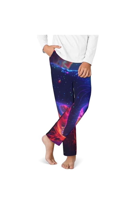 Cosmic Cat Psychedelic Journey Print Youth Home Trousers, Elastic Waistband with Pockets for Home and Outing, Suitable for Children Aged 5-16-XS(5-6)