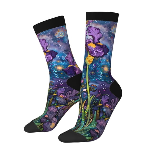 Gukieu Cosmic Purple Irises Print Contrast Color Mid-calf Socks, Sweat-wicking Athletic Socks, Unisex Clothing Accessories