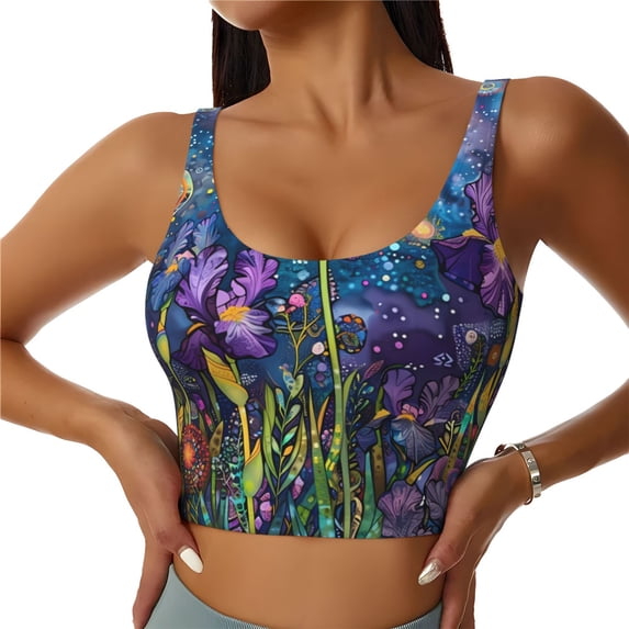 Gukieu Cosmic Purple Irises Print Women's Sports Vest, Low-neck U-shaped Removable Pad Sports Bra for Yoga, Exercise, Dance-Large