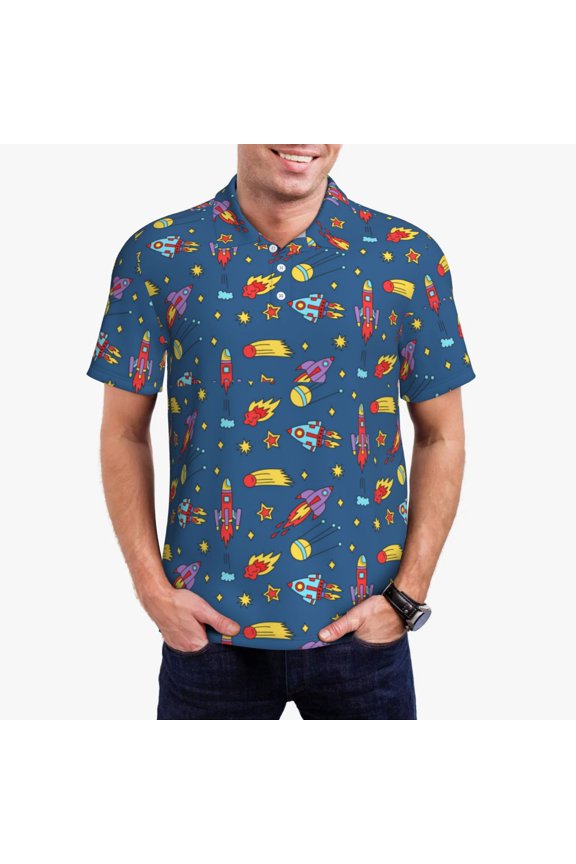 Cosmos Rockets Print Men's Quick-drying POLO Shirt, Button-down Summer T-shirt, Suitable for Work and Outdoor Activities-Large
