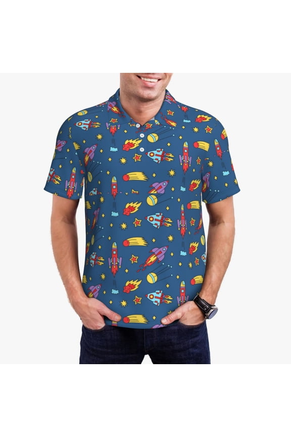 Cosmos Rockets Print Men's Quick-drying POLO Shirt, Button-down Summer T-shirt, Suitable for Work and Outdoor Activities-Small