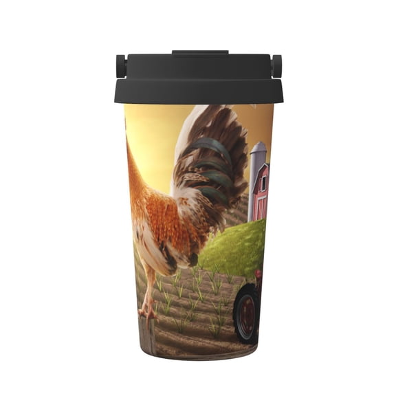 Gukieu Country Farm Morning Rooster Print Insulated Coffee Cup, Portable Stainless Steel Vacuum Cup with Lid, Unisex, Suitable for Office, Cafe, Car