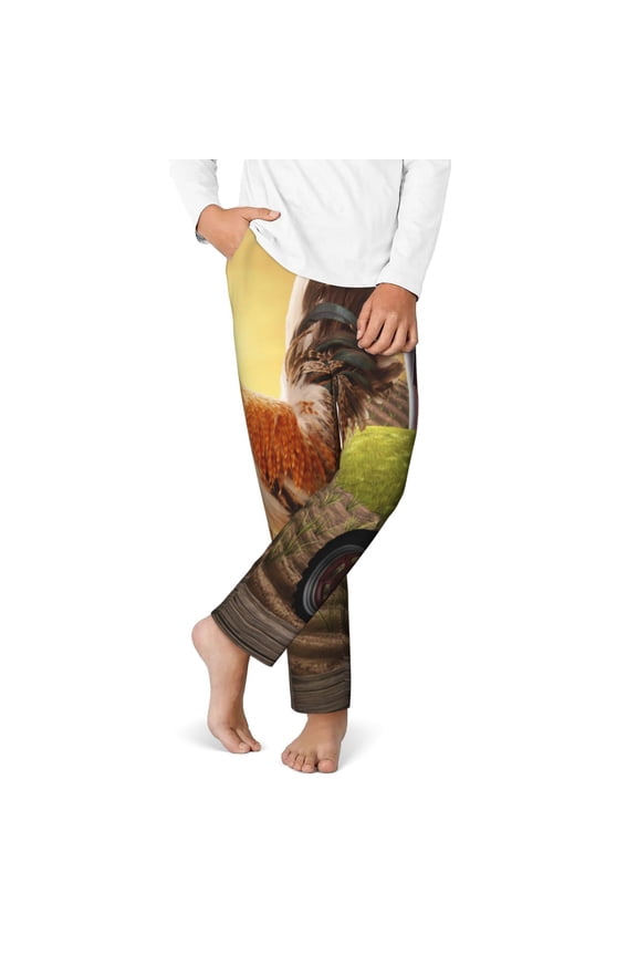 Country Farm Morning Rooster Print Youth Home Trousers, Elastic Waistband with Pockets for Home and Outing, Suitable for Children Aged 5-16-XS(5-6)