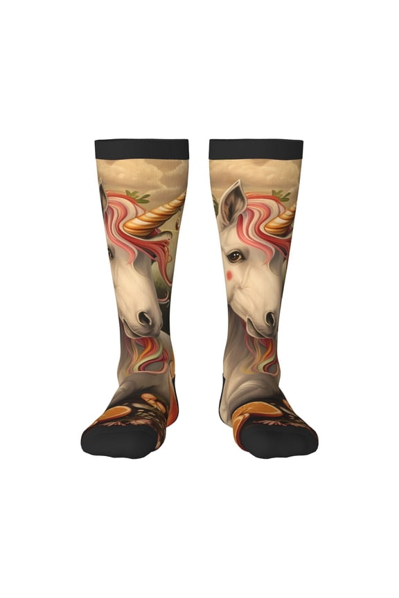 Countryside Fruit White Horse Print Contrast Color Stockings, Elastic Sports Socks Warm Socks Clothing Accessories, Adult Unisex