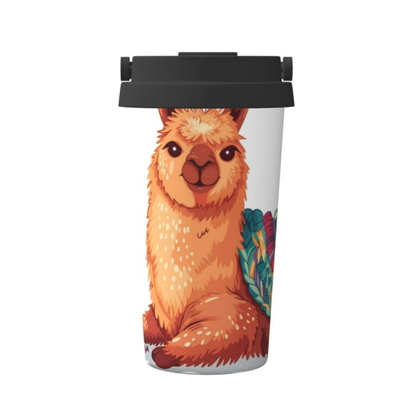 Gukieu Cozy Knitting Llama Print Insulated Coffee Cup, Portable Stainless Steel Vacuum Cup with Lid, Unisex, Suitable for Office, Cafe, Car