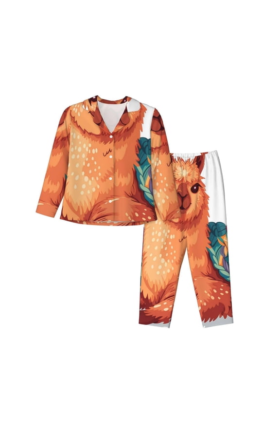 Cozy Knitting Llama Print Women's Long Sleeve Pajama Set, Button Top Elastic Pocket Pajama Pants Two Piece Set Home Wear-XX-Large