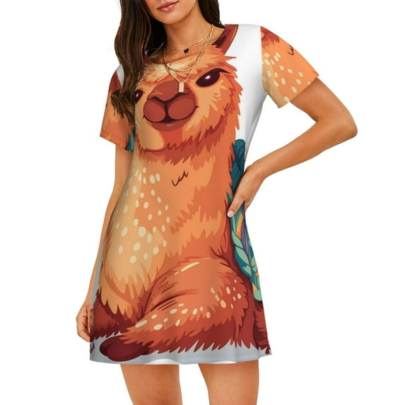 Gukieu Cozy Knitting Llama Print Women's Nightgown, A-line Round Neck Short-sleeved Nightgown Pajamas Home Wear Suitable for Home and Outing