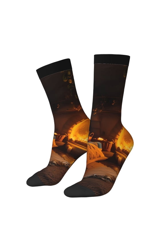 Cozy Tree Hole Cabin Print Contrast Color Mid-calf Socks, Sweat-wicking Athletic Socks, Unisex Clothing Accessories