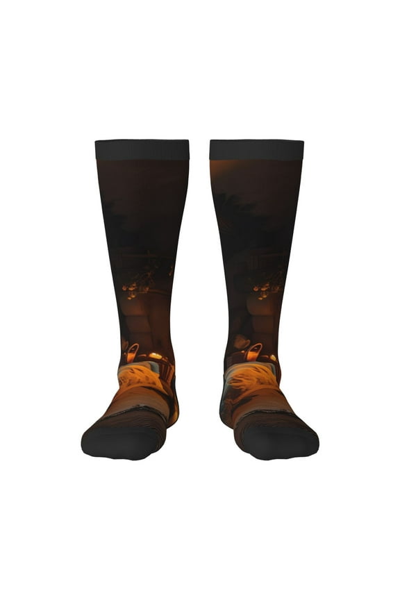 Cozy Tree Hole Cabin Print Contrast Color Stockings, Elastic Sports Socks Warm Socks Clothing Accessories, Adult Unisex