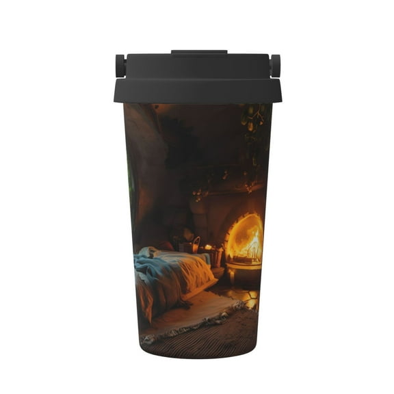 Gukieu Cozy Tree Hole Cabin Print Insulated Coffee Cup, Portable Stainless Steel Vacuum Cup with Lid, Unisex, Suitable for Office, Cafe, Car