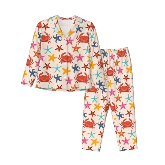 Gukieu Crabs And Seastars Print Women's Long Sleeve Pajama Set, Button Top Elastic Pocket Pajama Pants Two Piece Set Home Wear-Medium