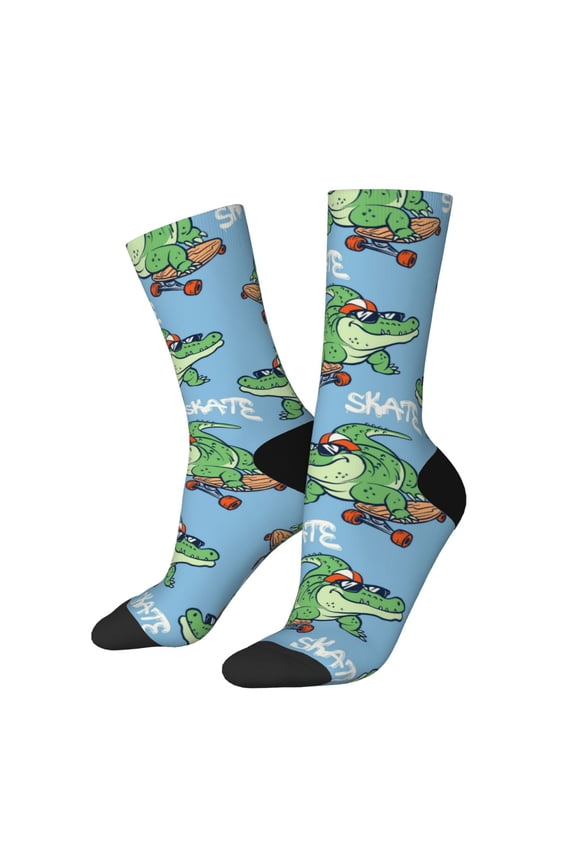Crocodile Riding Skateboard Print Contrast Color Mid-calf Socks, Sweat-wicking Athletic Socks, Unisex Clothing Accessories