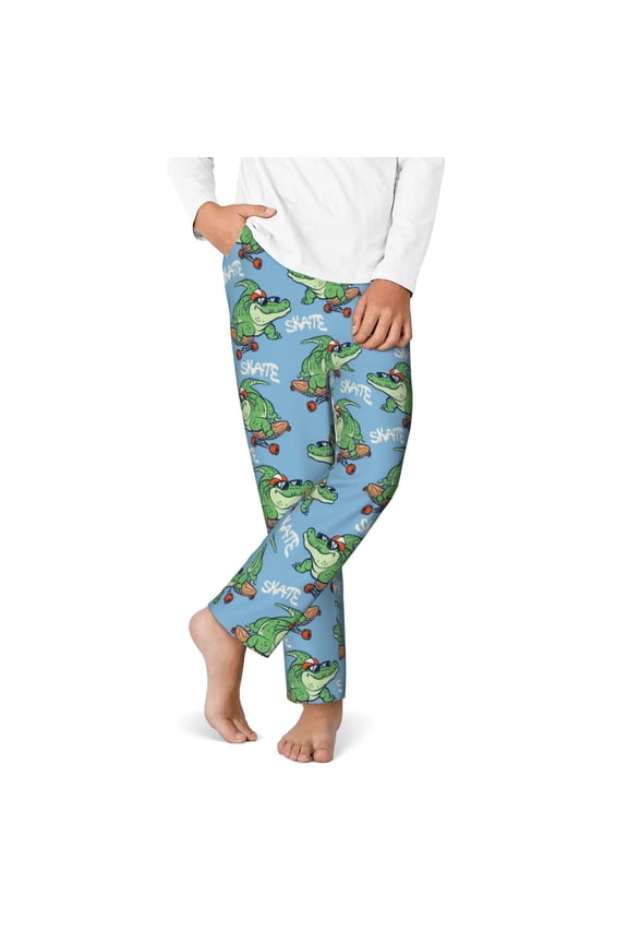 Crocodile Riding Skateboard Print Youth Home Trousers, Elastic Waistband with Pockets for Home and Outing, Suitable for Children Aged 5-16-XS(5-6)