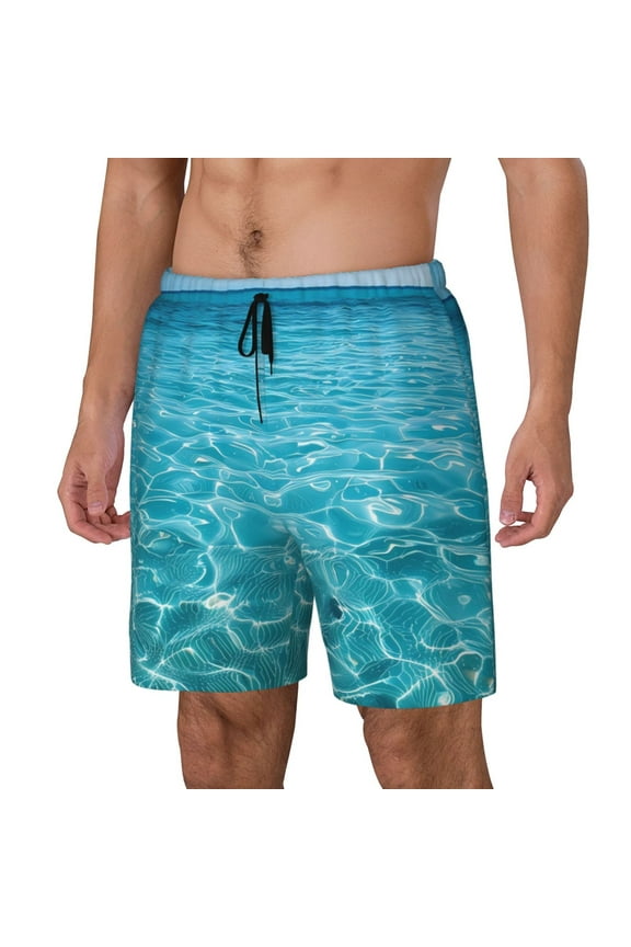 Crystal Clear Ocean Waves Print Men's Double Layer Sports Swim Trunks, Quick Dry Adjustable Waist Swim Shorts Swimwear-Medium
