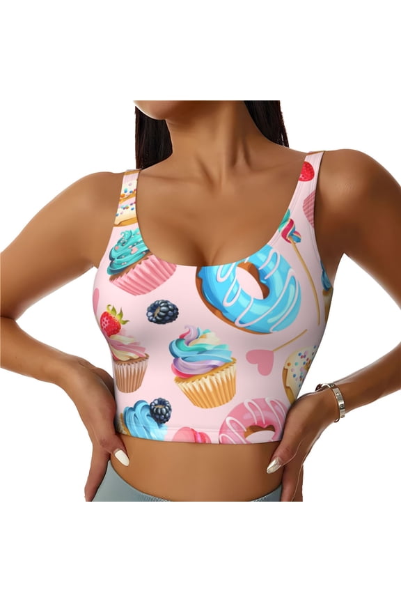 Cupcakes and Donuts Print Women's Sports Vest, Low-neck U-shaped Removable Pad Sports Bra for Yoga, Exercise, Dance-Large