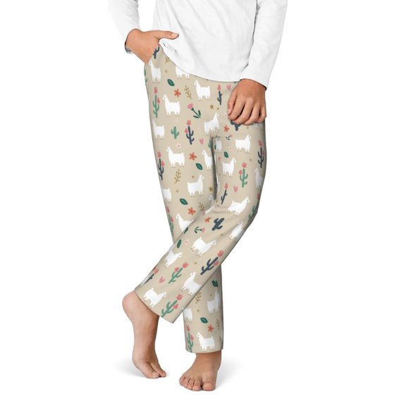 Gukieu Cute Alpaca Print Youth Home Trousers, Elastic Waistband with Pockets for Home and Outing, Suitable for Children Aged 5-16-Small
