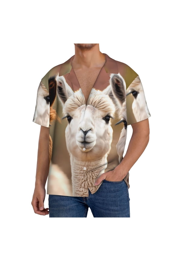 Cute Alpaca in Daze Print Men's Short-sleeved Shirts, Button-down Pocket Shirts, T-shirts, Beach Vacation Travel Summer Clothing-Small