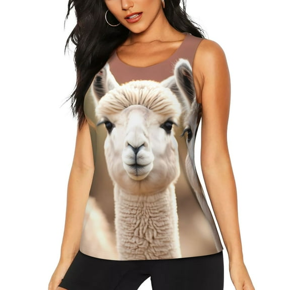 Gukieu Cute Alpaca in Daze Print Women's Quick-drying Fitness Vest, Round Neck Sleeveless Fitness T-shirt, Suitable for Yoga, Sports-XX-Large