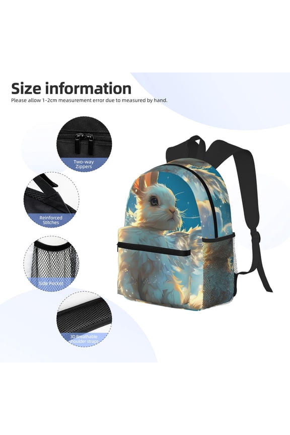 Cute Angel Winged Rabbit Print Backpack, Waterproof Backpack with Adjustable Shoulder Straps, Suitable for Campus, Business, Travel, Unisex