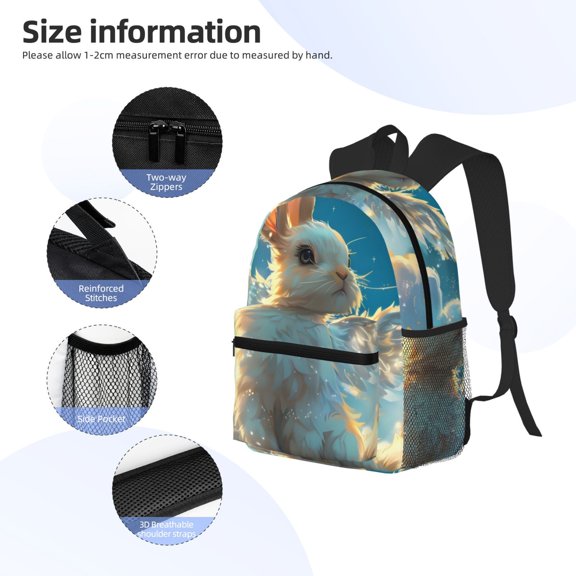 Gukieu Cute Angel Winged Rabbit Print Backpack, Waterproof Backpack with Adjustable Shoulder Straps, Suitable for Campus, Business, Travel, Unisex