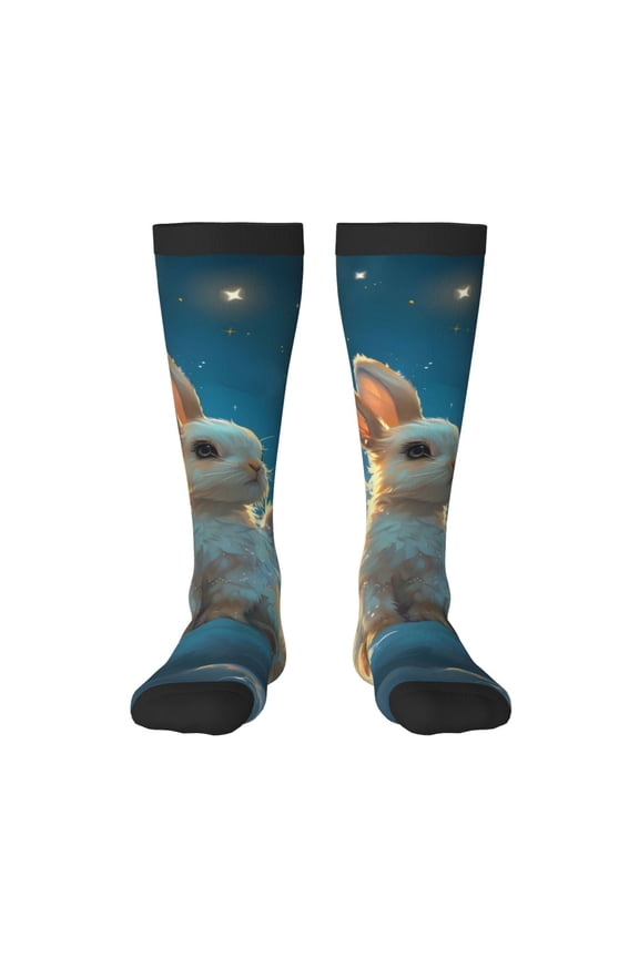 Cute Angel Winged Rabbit Print Contrast Color Stockings, Elastic Sports Socks Warm Socks Clothing Accessories, Adult Unisex