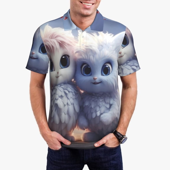 Gukieu Cute Animal Couple Print Men's Quick-drying POLO Shirt, Button-down Summer T-shirt, Suitable for Work and Outdoor Activities-Large