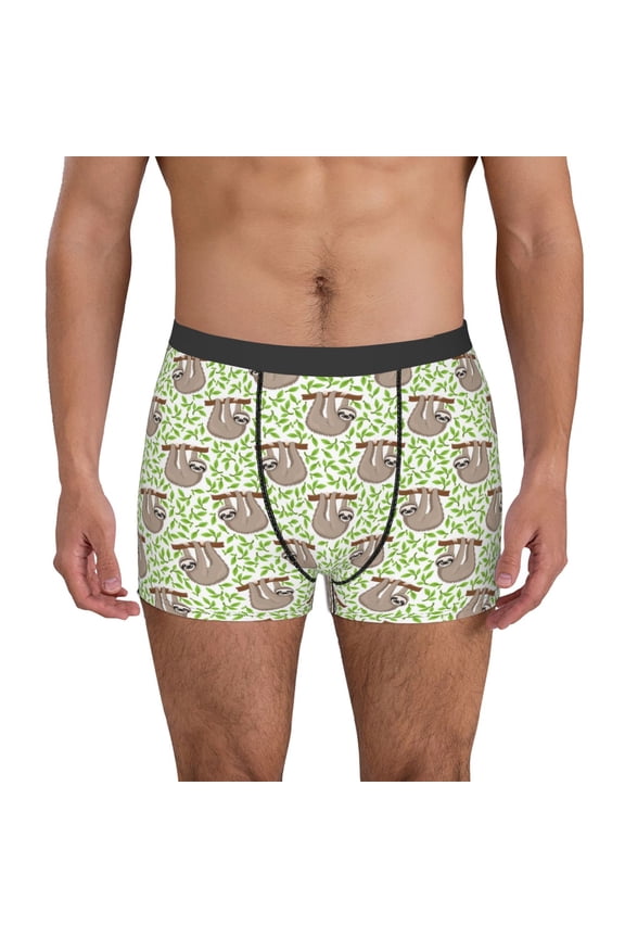 Cute Animal Sloth On A Branch Print Men's Boxer Briefs, High Elastic Moisture Wicking Boxer Briefs Underwear-Large