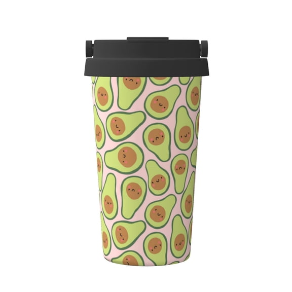 Gukieu Cute Avocado Print Insulated Coffee Cup, Portable Stainless Steel Vacuum Cup with Lid, Unisex, Suitable for Office, Cafe, Car