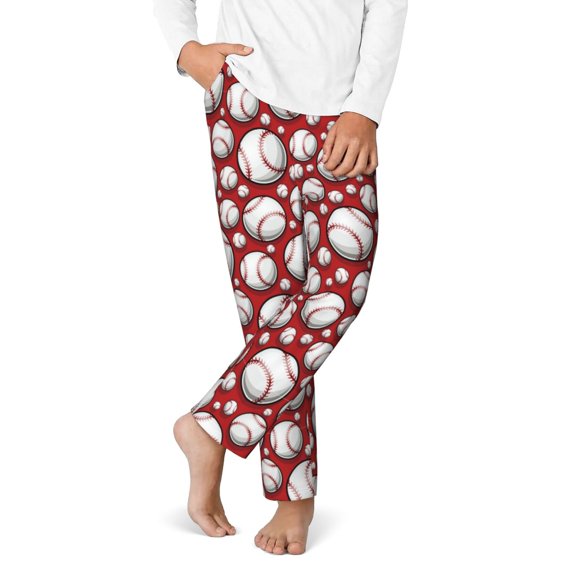 Gukieu Cute Baseball Print Youth Home Trousers, Elastic Waistband with Pockets for Home and Outing, Suitable for Children Aged 5-16-XS(5-6)