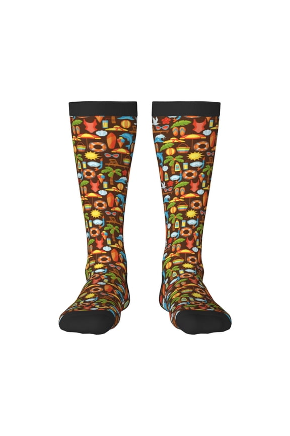 Cute Beach Dolphin Print Contrast Color Stockings, Elastic Sports Socks Warm Socks Clothing Accessories, Adult Unisex