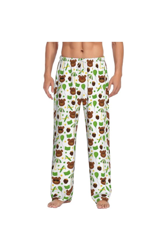 Cute Bear Print Men's Home Trousers, Elastic Drawstring Home Pajamas Clothing Suitable for Adult Men-Large