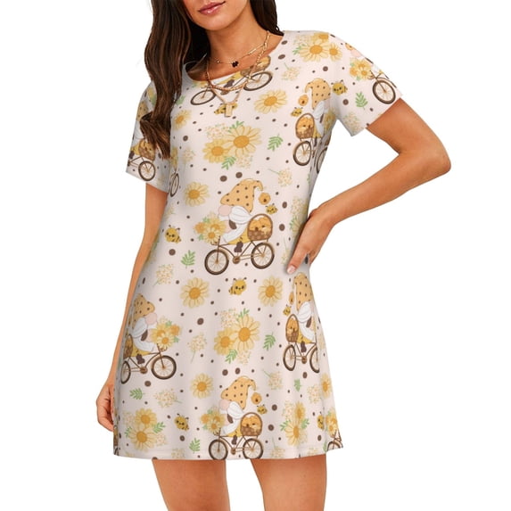 Gukieu Cute Bee Gnome1 Print Women's Nightgown, A-line Round Neck Short-sleeved Nightgown Pajamas Home Wear Suitable for Home and Outing