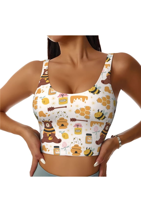 Cute Bee Honey Jar Hive Bear Print Women's Sports Vest, Low-neck U-shaped Removable Pad Sports Bra for Yoga, Exercise, Dance-Medium