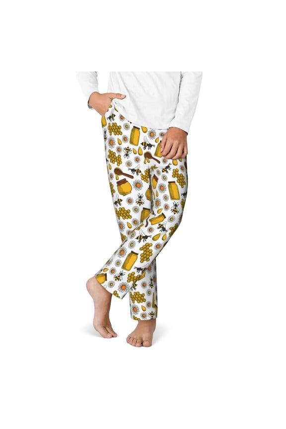 Cute Bee Print Youth Home Trousers, Elastic Waistband with Pockets for Home and Outing, Suitable for Children Aged 5-16-Medium