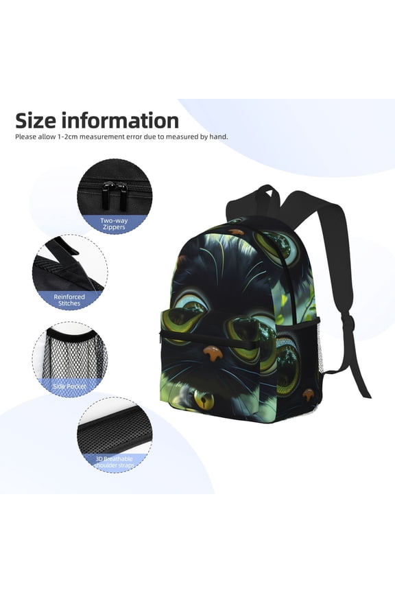 Cute Big-Eyed Black Cat Print Backpack, Waterproof Backpack with Adjustable Shoulder Straps, Suitable for Campus, Business, Travel, Unisex