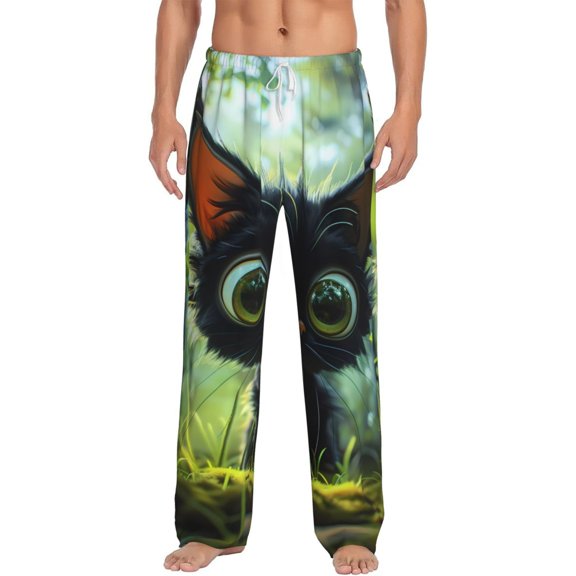 Gukieu Cute Big-Eyed Black Cat Print Men's Home Trousers, Elastic Drawstring Home Pajamas Clothing Suitable for Adult Men-X-Large