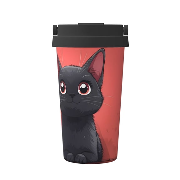 Gukieu Cute Black Kitten Cartoon Print Insulated Coffee Cup, Portable Stainless Steel Vacuum Cup with Lid, Unisex, Suitable for Office, Cafe, Car