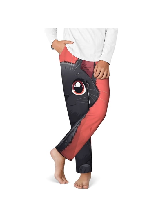 Cute Black Kitten Cartoon Print Youth Home Trousers, Elastic Waistband with Pockets for Home and Outing, Suitable for Children Aged 5-16-XS(5-6)