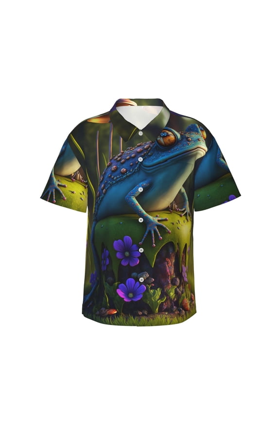 Cute Blue Frog Print Men's Short-sleeved Shirts, Button-down Lapel Hawaiian Shirts, T-shirts, Beach Vacation Summer Casual Wear,X-Large