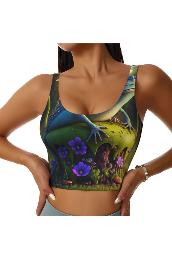 Cute Blue Frog Print Women's Sports Vest, Low-neck U-shaped Removable Pad Sports Bra for Yoga, Exercise, Dance-Large