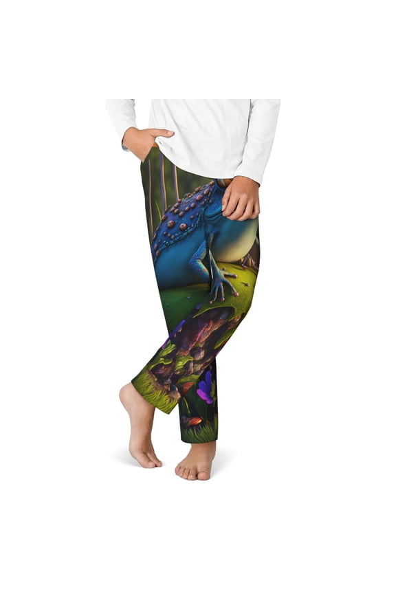 Cute Blue Frog Print Youth Home Trousers, Elastic Waistband with Pockets for Home and Outing, Suitable for Children Aged 5-16-XS(5-6)