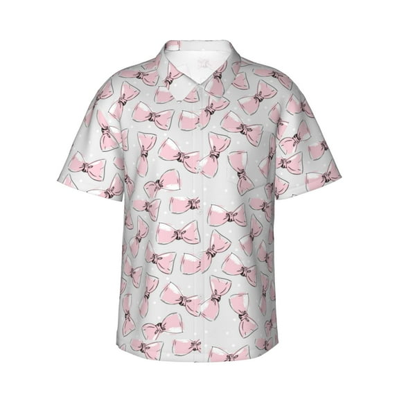 Gukieu Cute Bow Tie Print Men's Short-sleeved Shirts, Button-down Lapel Hawaiian Shirts, T-shirts, Beach Vacation Summer Casual Wear,Large