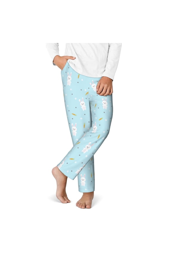 Cute Bunny Print Youth Home Trousers, Elastic Waistband with Pockets for Home and Outing, Suitable for Children Aged 5-16-Large