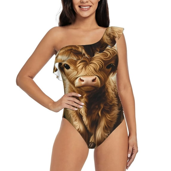 Gukieu Cute Calf Butterflies A Print One-shoulder Ruffled One-piece Swimsuit with Removable Chest Pads and Tummy-control Swimsuit for Women-X-Large