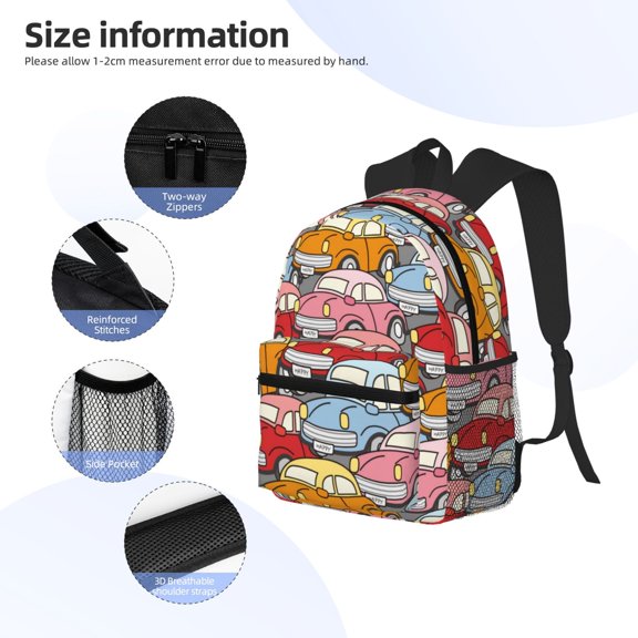 Gukieu Cute Cars Print Backpack, Waterproof Backpack with Adjustable Shoulder Straps, Suitable for Campus, Business, Travel, Unisex